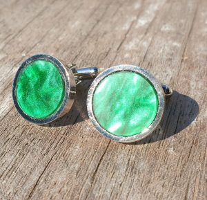 Mid Green, Marbled Opalescent Acrylic, Rhodium Plated Cufflinks